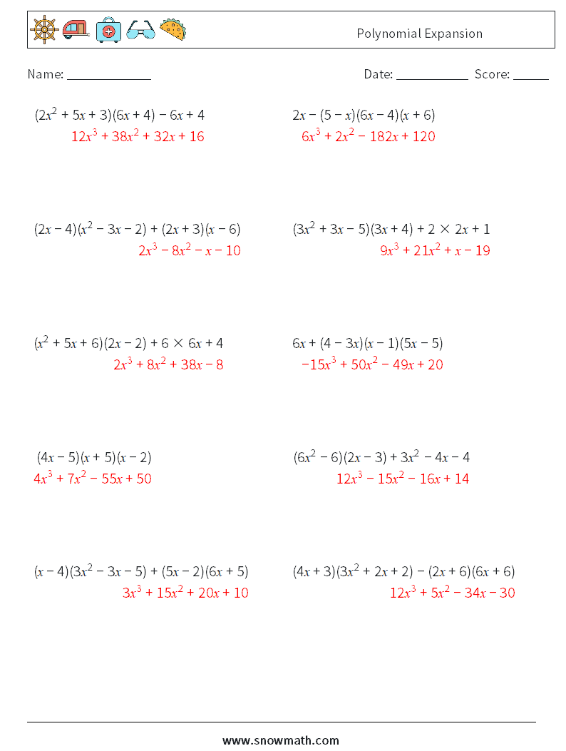 Polynomial Expansion Math Worksheets 6 Question, Answer