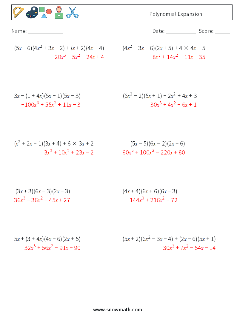 Polynomial Expansion Math Worksheets 7 Question, Answer