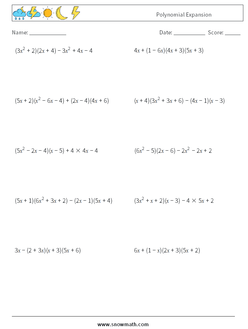 Polynomial Expansion Math Worksheets 8