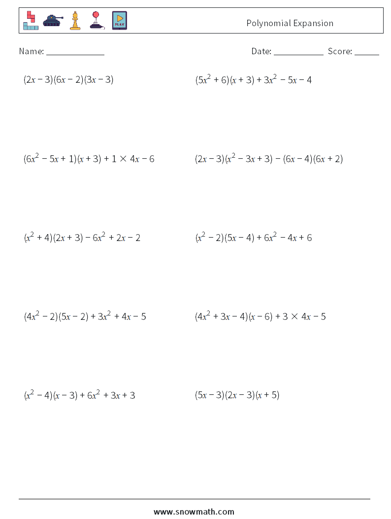 Polynomial Expansion Math Worksheets 9