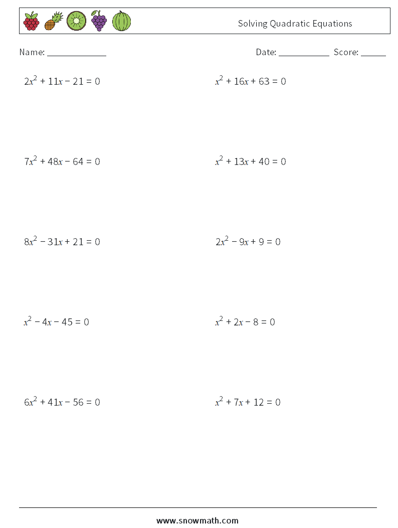 Solving Quadratic Equations Math Worksheets 1