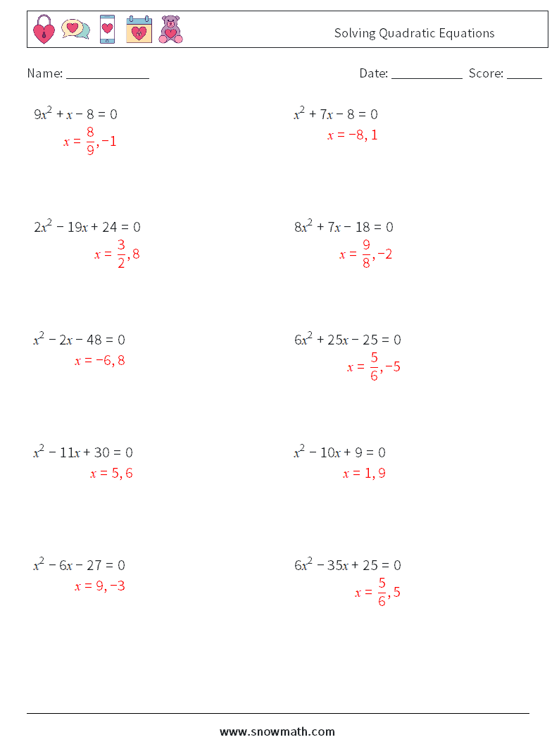 Solving Quadratic Equations Math Worksheets 2 Question, Answer