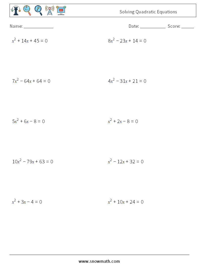 Solving Quadratic Equations Math Worksheets 3