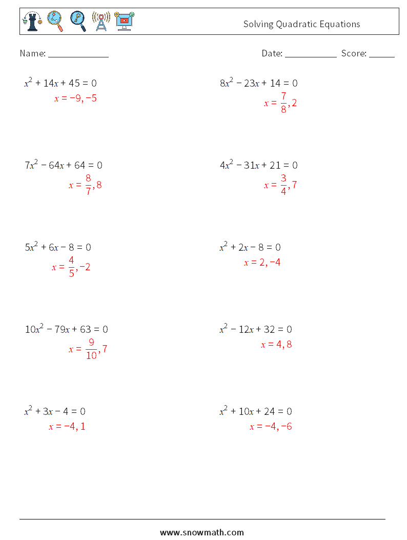 Solving Quadratic Equations Math Worksheets 3 Question, Answer