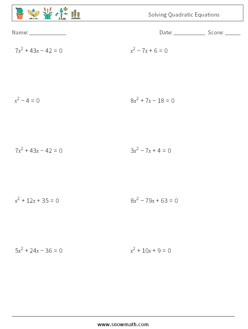 Solving Quadratic Equations Math Worksheets 6