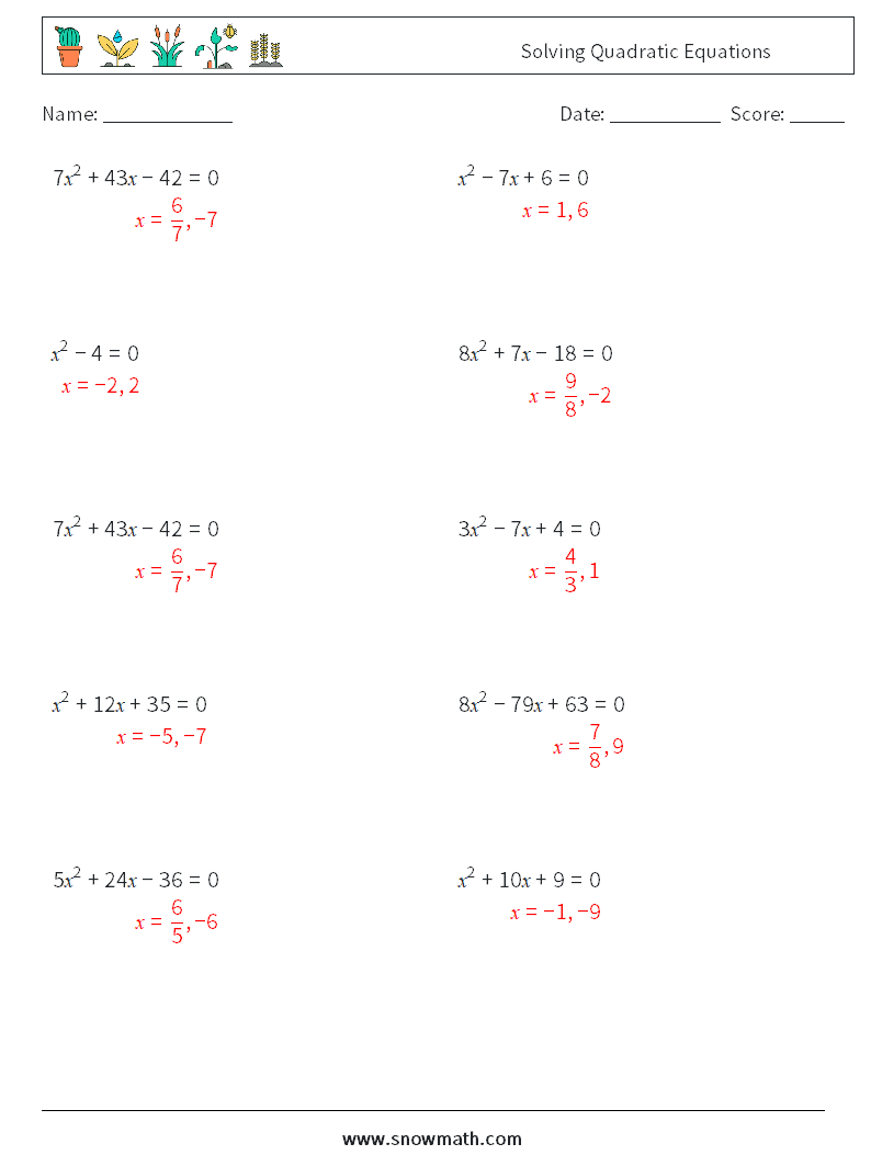 Solving Quadratic Equations Math Worksheets 6 Question, Answer