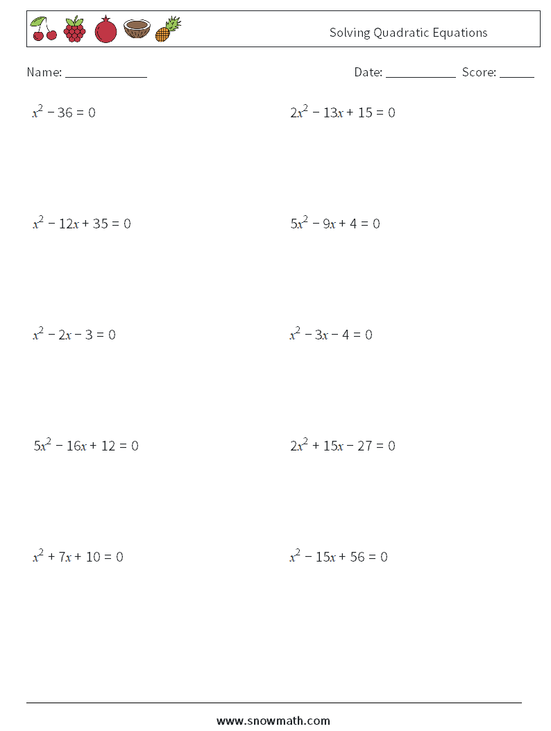 Solving Quadratic Equations Math Worksheets 7