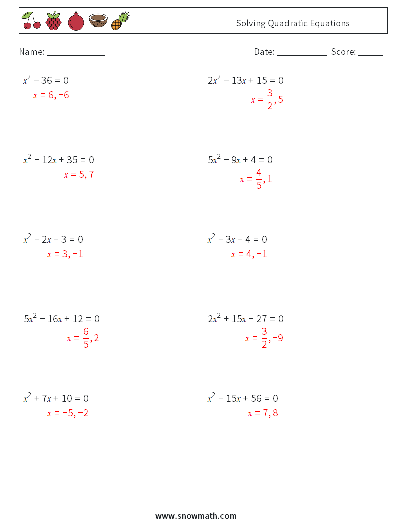 Solving Quadratic Equations Math Worksheets 7 Question, Answer