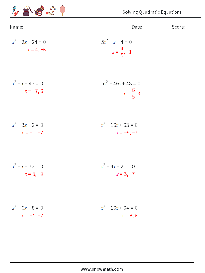 Solving Quadratic Equations Math Worksheets 8 Question, Answer