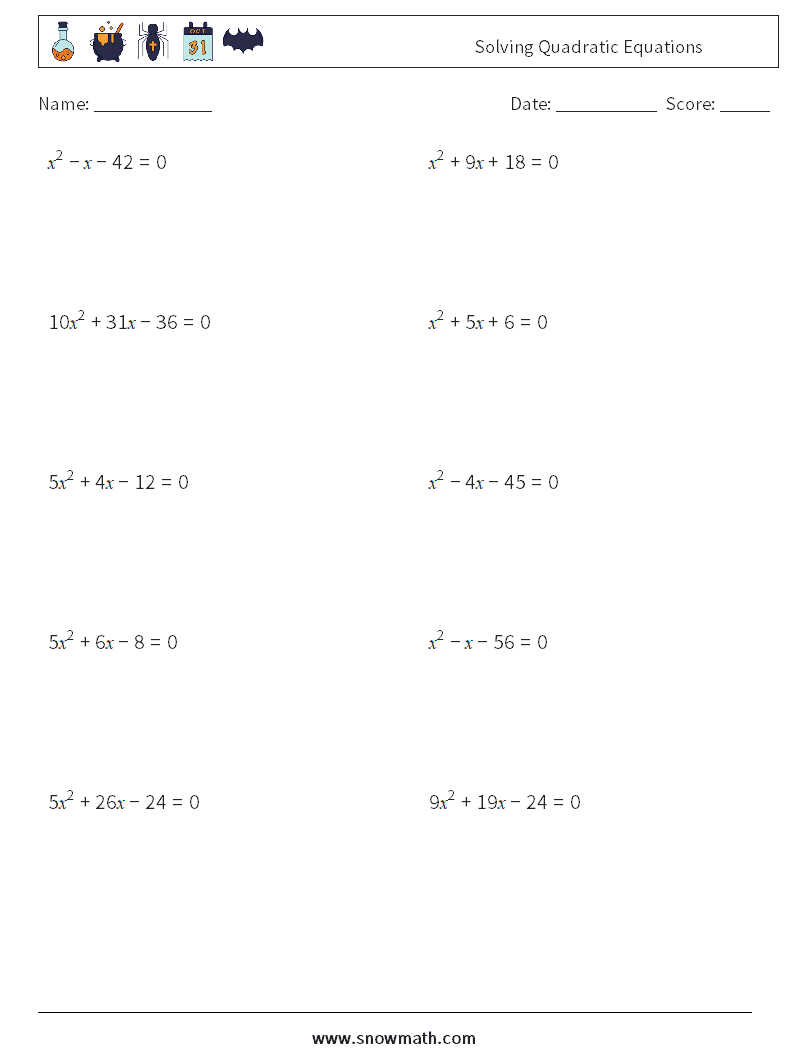 Solving Quadratic Equations Math Worksheets 9