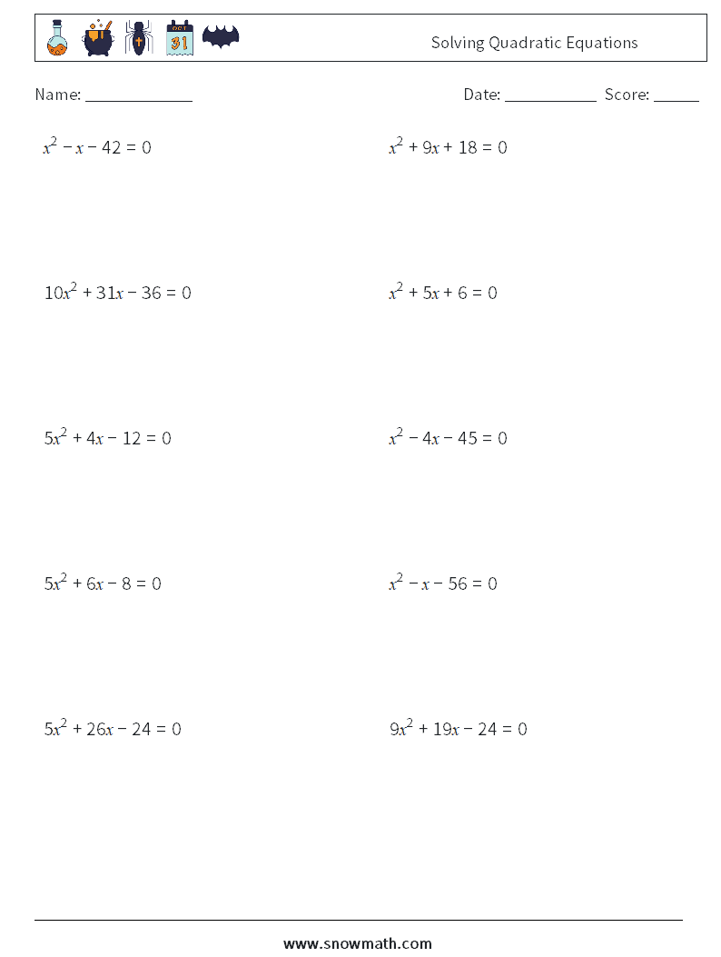 Solving Quadratic Equations Maths Worksheets 9