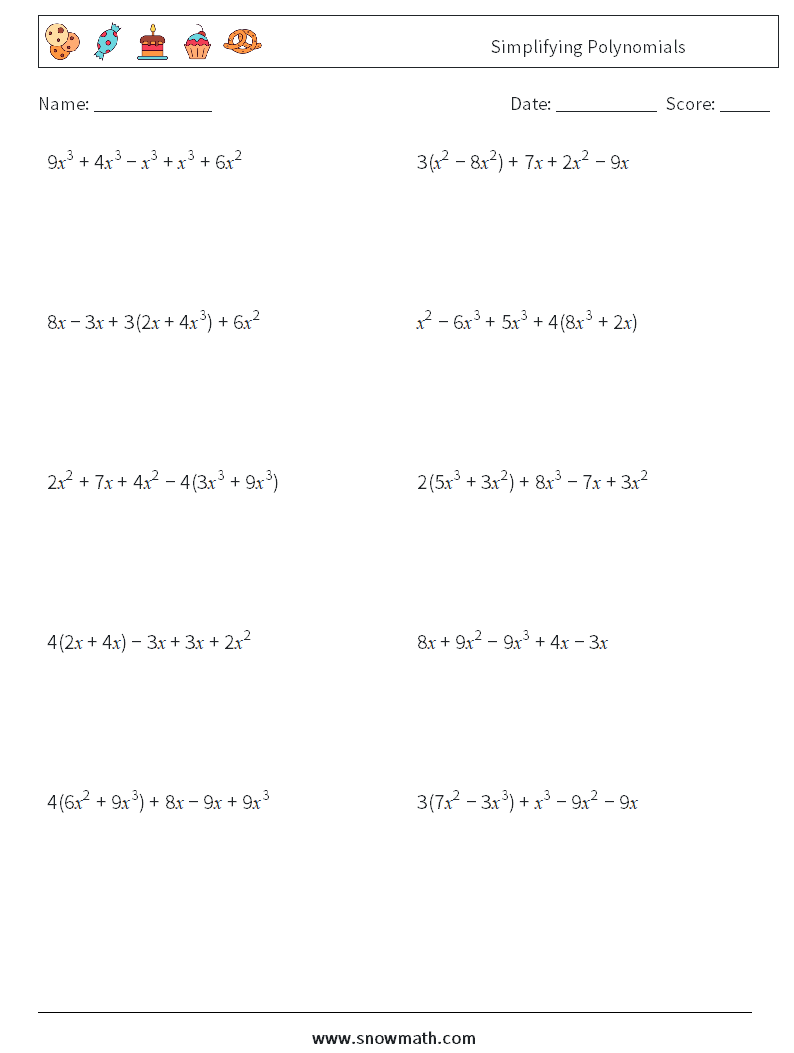 Simplifying Polynomials Math Worksheets 2