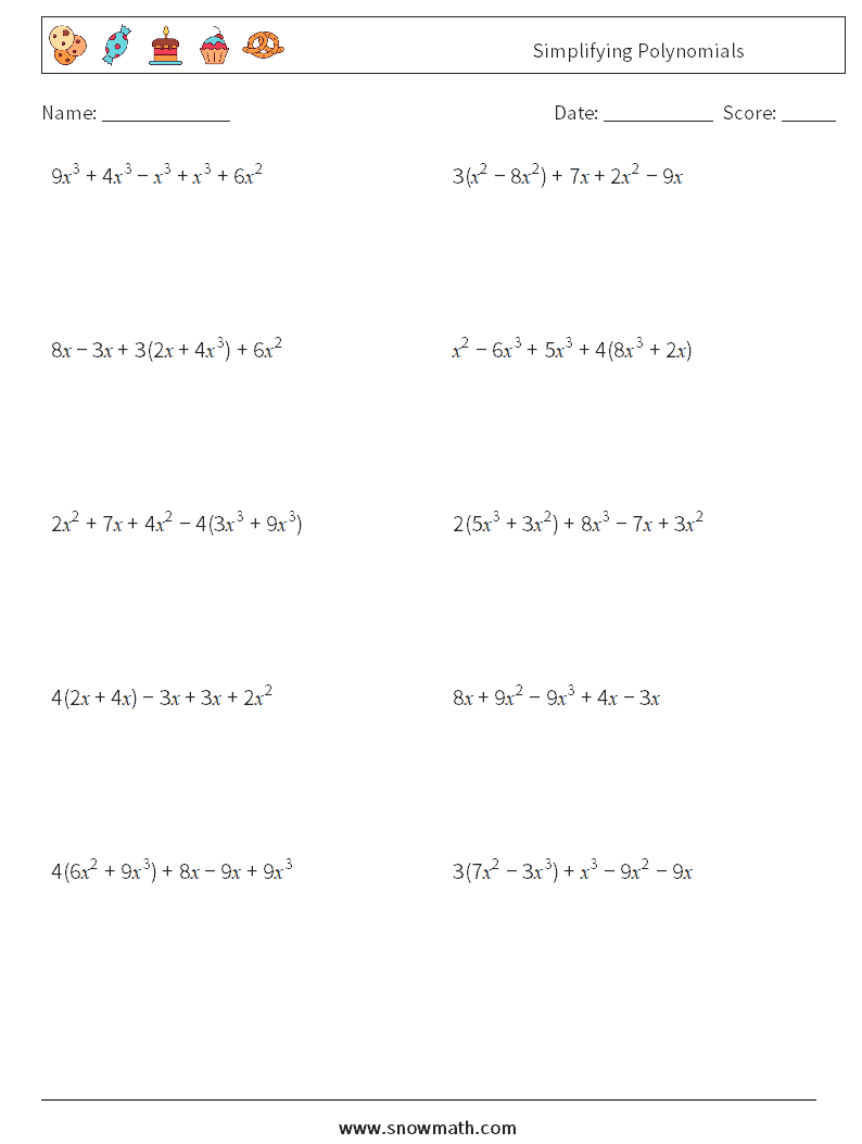 Simplifying Polynomials Maths Worksheets 2