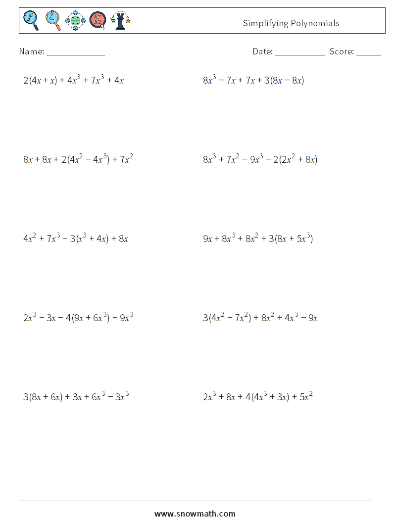 Simplifying Polynomials Math Worksheets 3