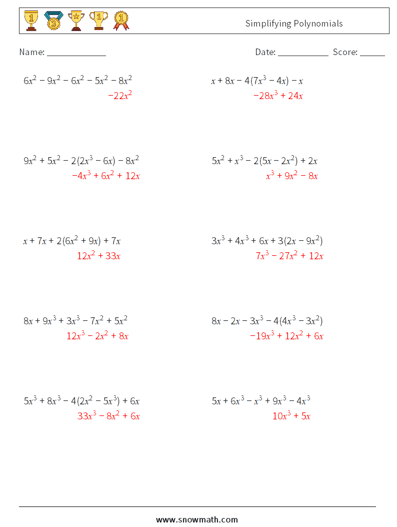 Simplifying Polynomials Math Worksheets 5 Question, Answer