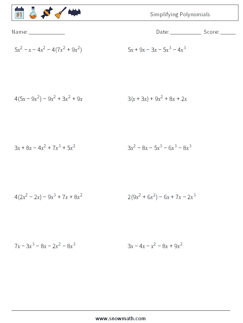 Simplifying Polynomials Math Worksheets 6