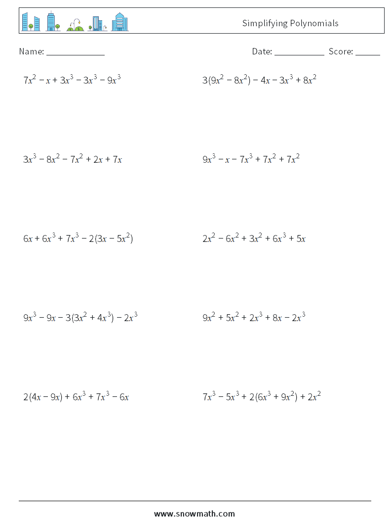 Simplifying Polynomials Maths Worksheets 9