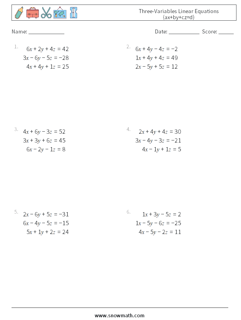 Three-Variables Linear Equations (ax+by+cz=d) Maths Worksheets 10