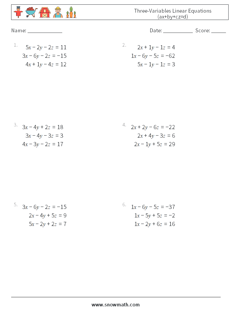 Three-Variables Linear Equations (ax+by+cz=d) Maths Worksheets 11