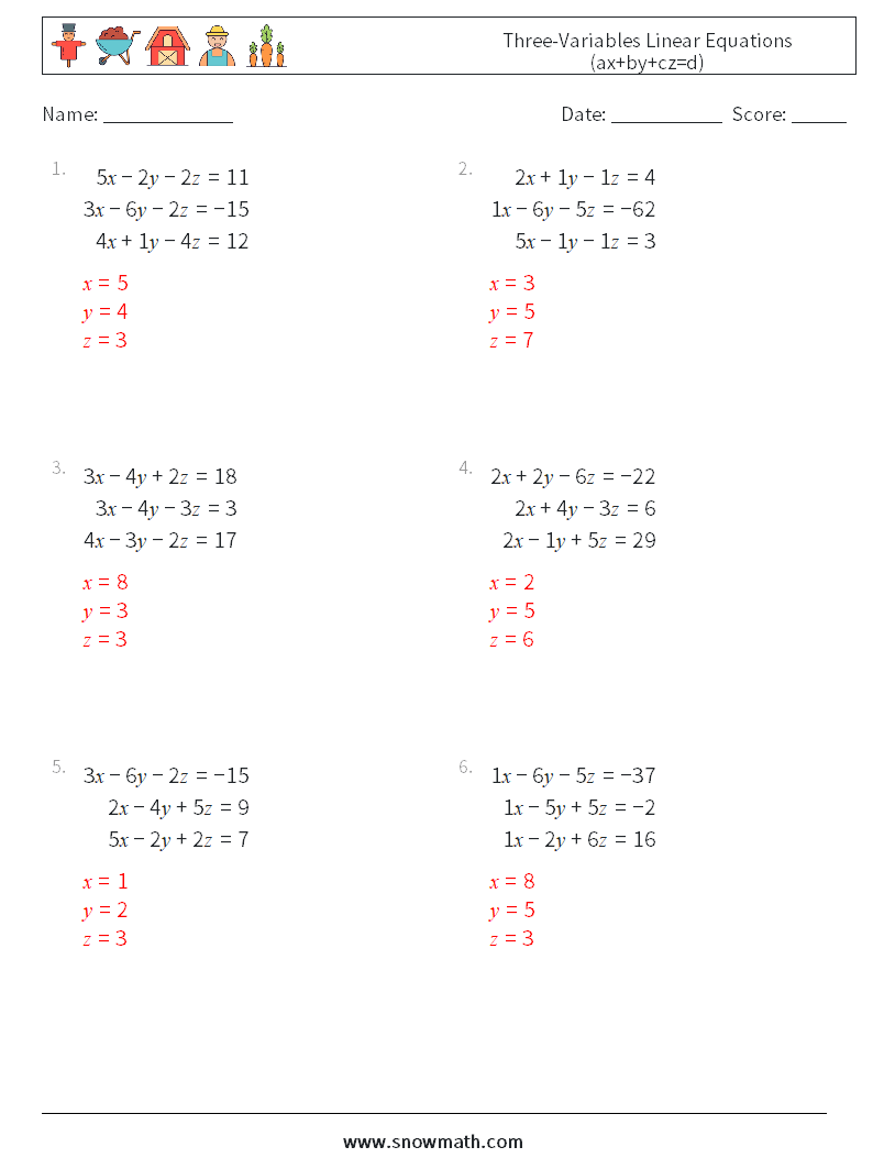 Three-Variables Linear Equations (ax+by+cz=d) Math Worksheets 11 Question, Answer