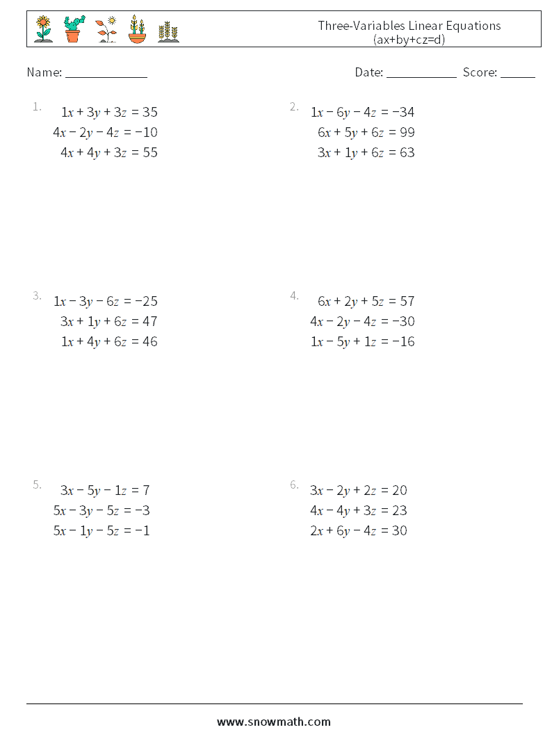 Three-Variables Linear Equations (ax+by+cz=d) Maths Worksheets 12