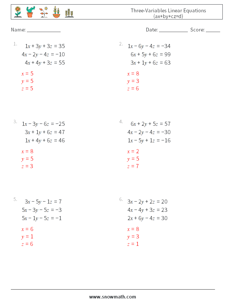 Three-Variables Linear Equations (ax+by+cz=d) Math Worksheets 12 Question, Answer