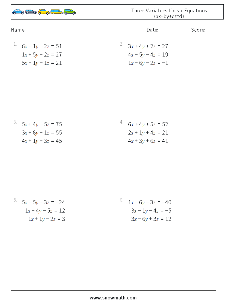 Three-Variables Linear Equations (ax+by+cz=d) Math Worksheets 13