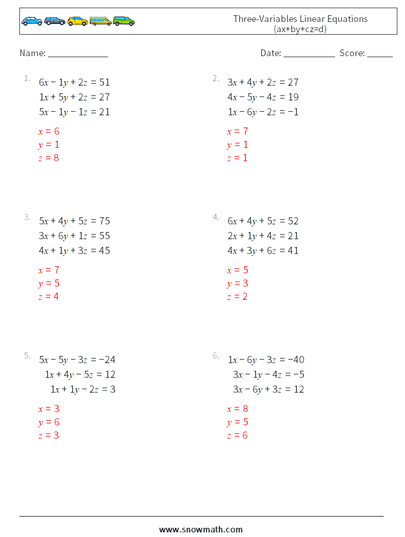 Three-Variables Linear Equations (ax+by+cz=d) Math Worksheets 13 Question, Answer