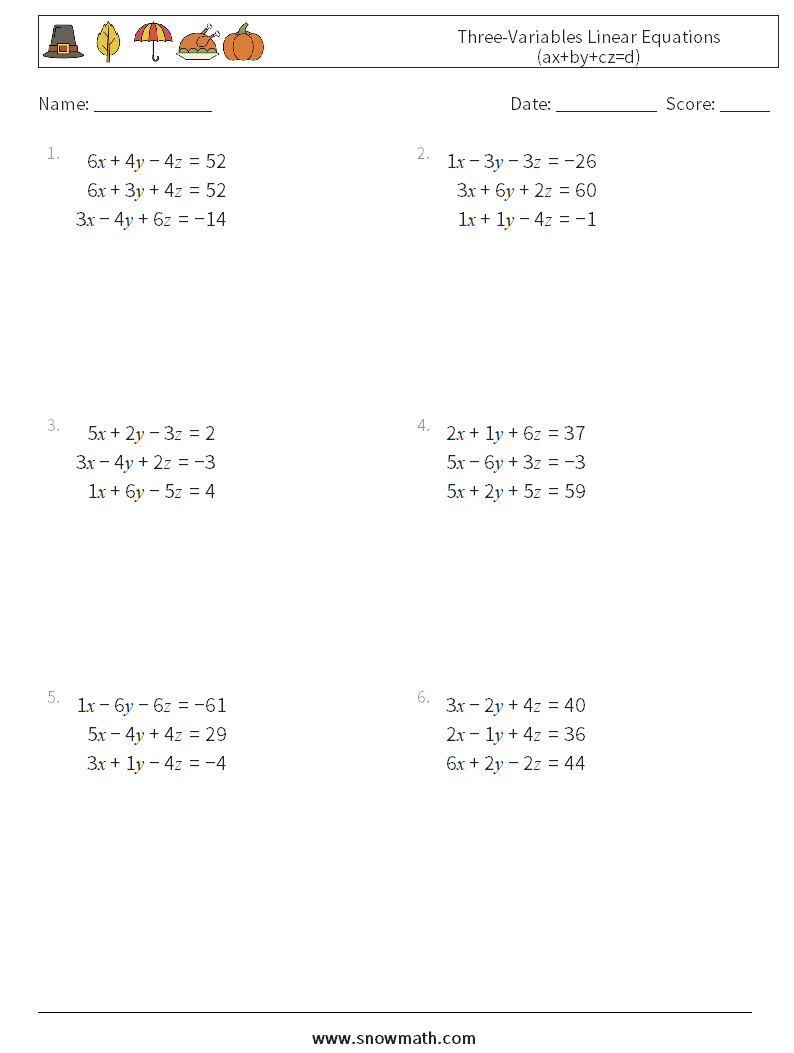 Three-Variables Linear Equations (ax+by+cz=d) Math Worksheets 14