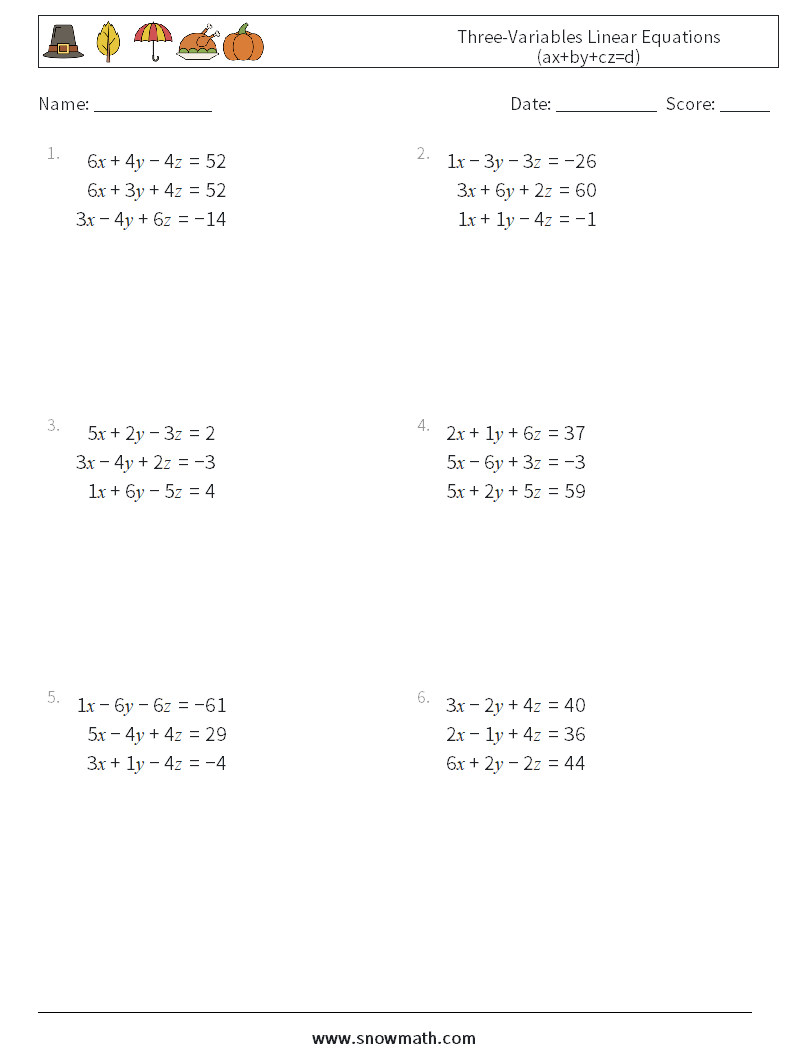 Three-Variables Linear Equations (ax+by+cz=d) Maths Worksheets 14