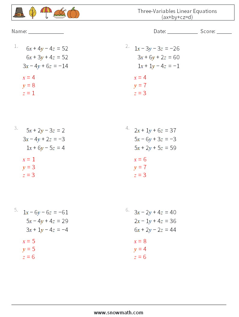 Three-Variables Linear Equations (ax+by+cz=d) Math Worksheets 14 Question, Answer