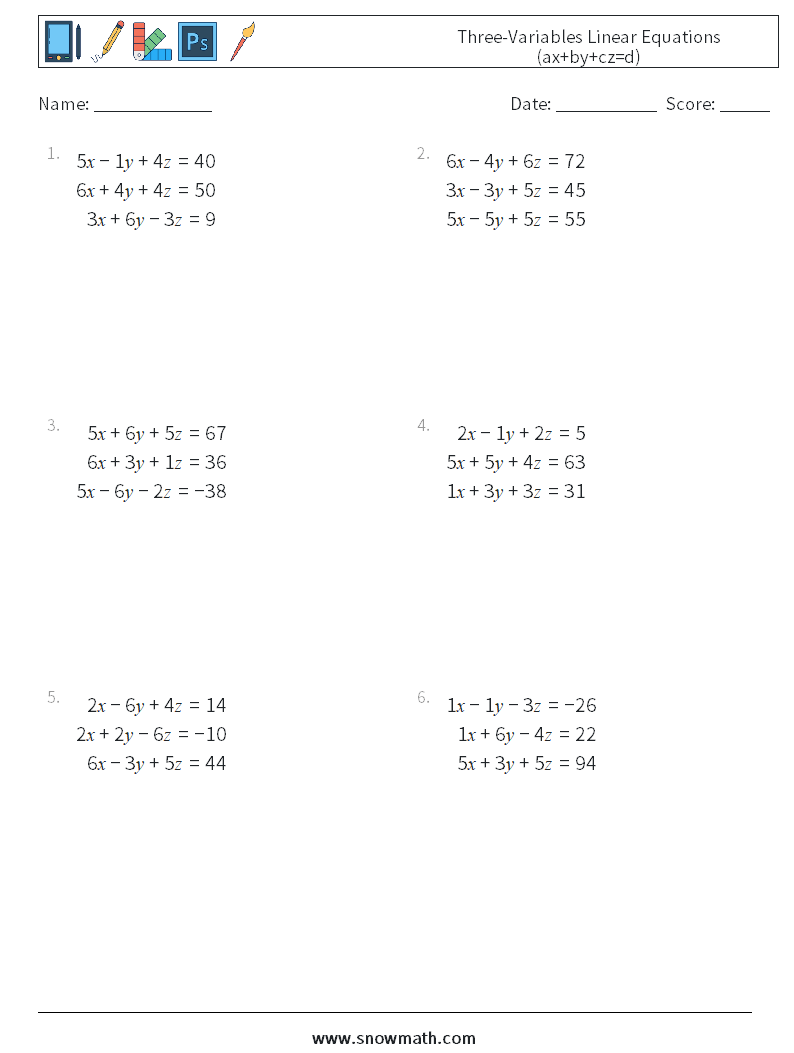 Three-Variables Linear Equations (ax+by+cz=d) Math Worksheets 15
