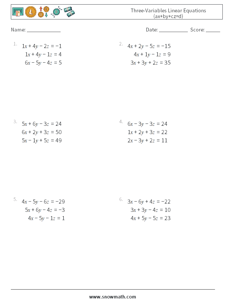 Three-Variables Linear Equations (ax+by+cz=d) Maths Worksheets 16