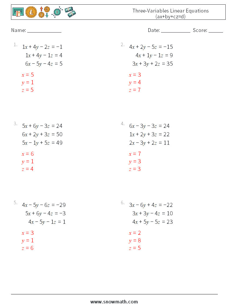 Three-Variables Linear Equations (ax+by+cz=d) Math Worksheets 16 Question, Answer