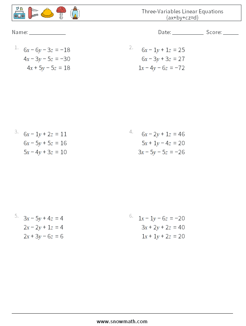 Three-Variables Linear Equations (ax+by+cz=d) Math Worksheets 17