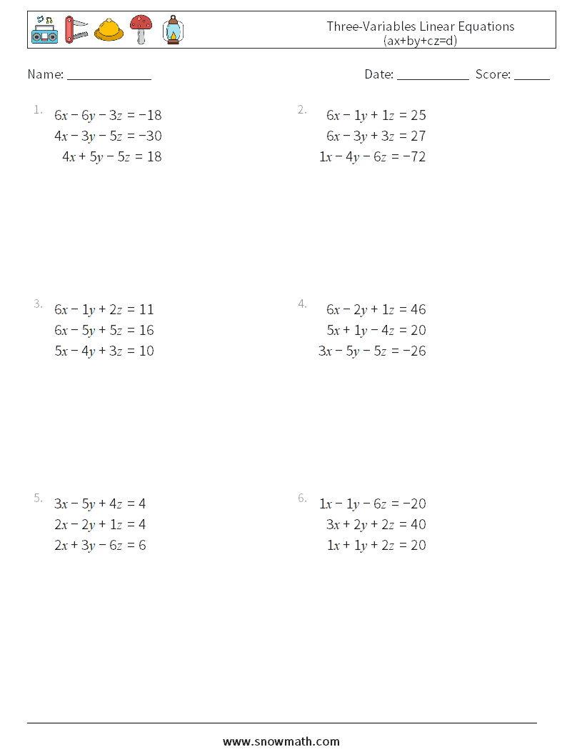 Three-Variables Linear Equations (ax+by+cz=d) Maths Worksheets 17