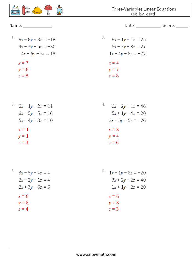 Three-Variables Linear Equations (ax+by+cz=d) Math Worksheets 17 Question, Answer