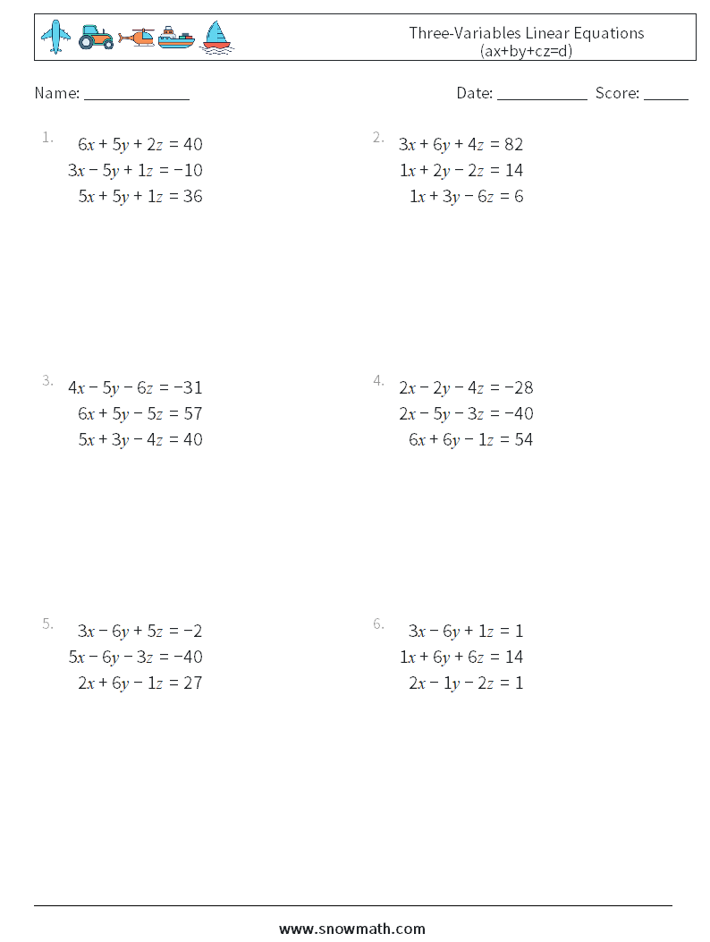 Three-Variables Linear Equations (ax+by+cz=d) Math Worksheets 18