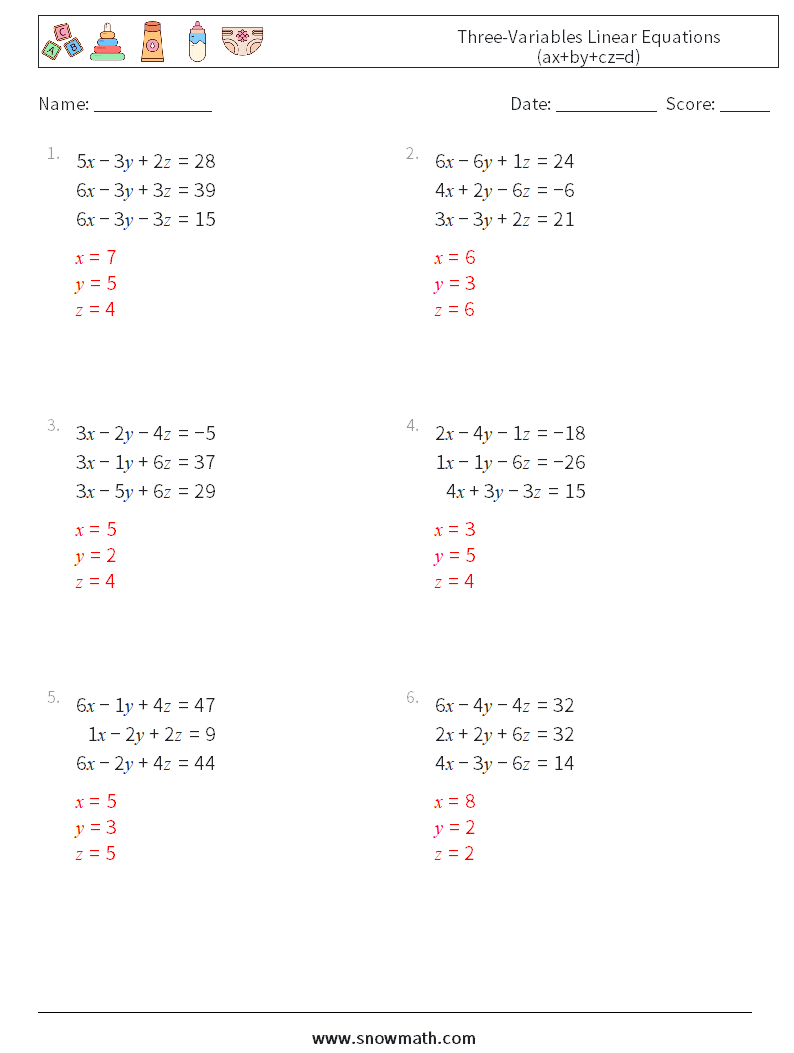 Three-Variables Linear Equations (ax+by+cz=d) Math Worksheets 1 Question, Answer