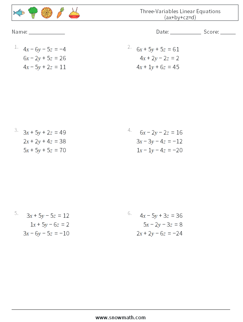 Three-Variables Linear Equations (ax+by+cz=d) Math Worksheets 2