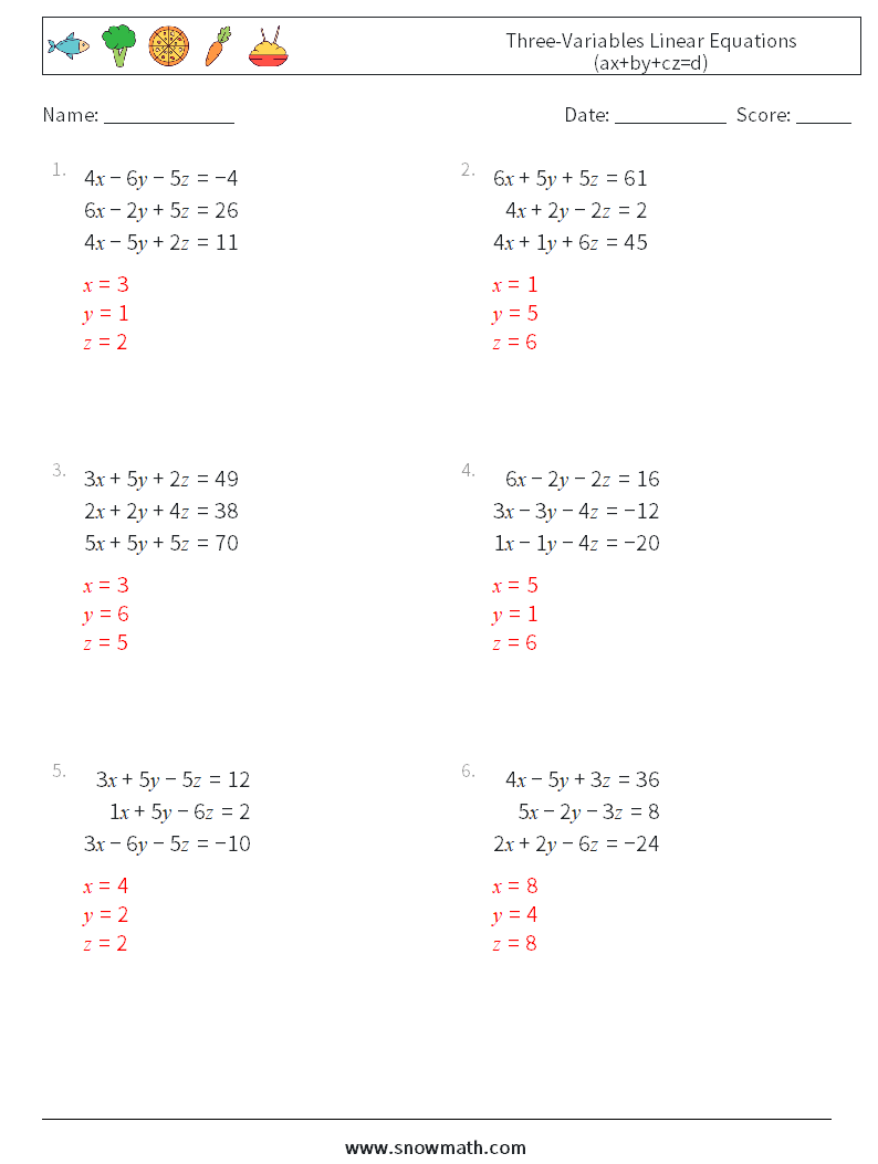 Three-Variables Linear Equations (ax+by+cz=d) Math Worksheets 2 Question, Answer