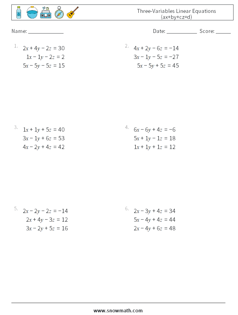 Three-Variables Linear Equations (ax+by+cz=d) Math Worksheets 3