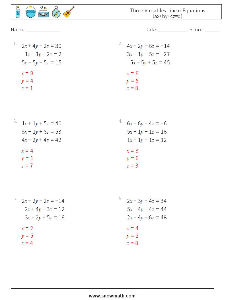 Three-Variables Linear Equations (ax+by+cz=d) Math Worksheets 3 Question, Answer