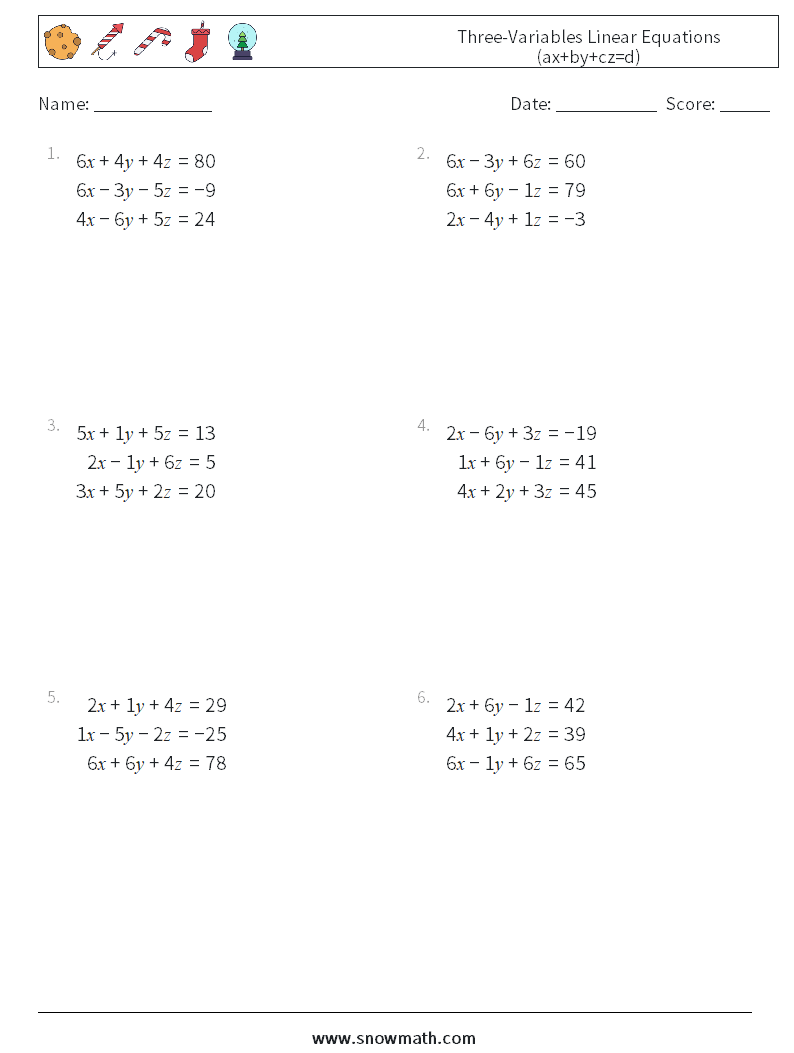 Three-Variables Linear Equations (ax+by+cz=d) Math Worksheets 4