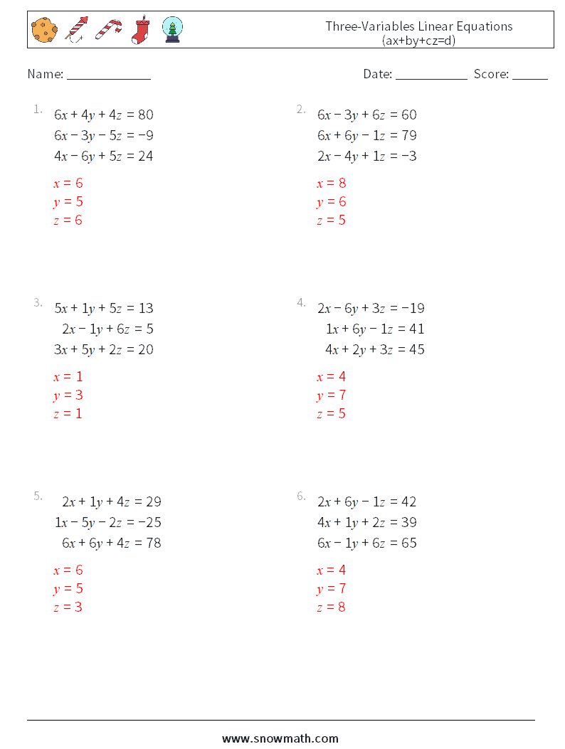 Three-Variables Linear Equations (ax+by+cz=d) Math Worksheets 4 Question, Answer
