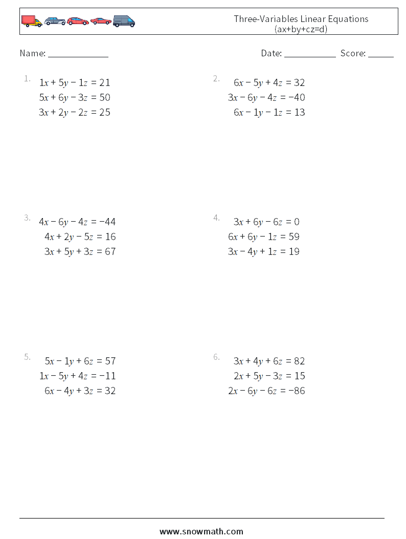 Three-Variables Linear Equations (ax+by+cz=d) Math Worksheets 5