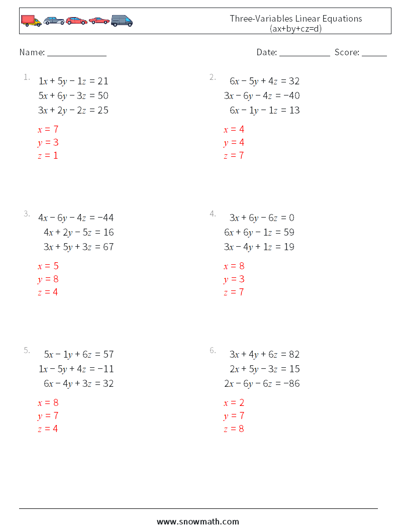 Three-Variables Linear Equations (ax+by+cz=d) Math Worksheets 5 Question, Answer