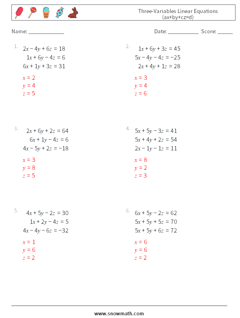 Three-Variables Linear Equations (ax+by+cz=d) Math Worksheets 6 Question, Answer