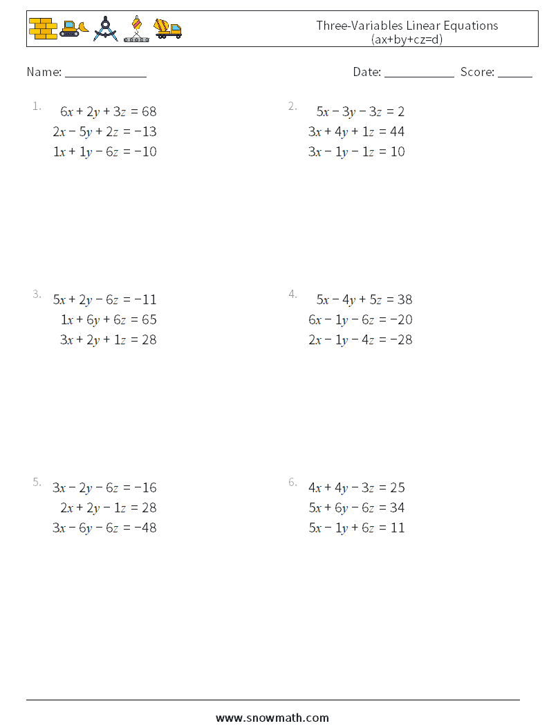 Three-Variables Linear Equations (ax+by+cz=d) Math Worksheets 7