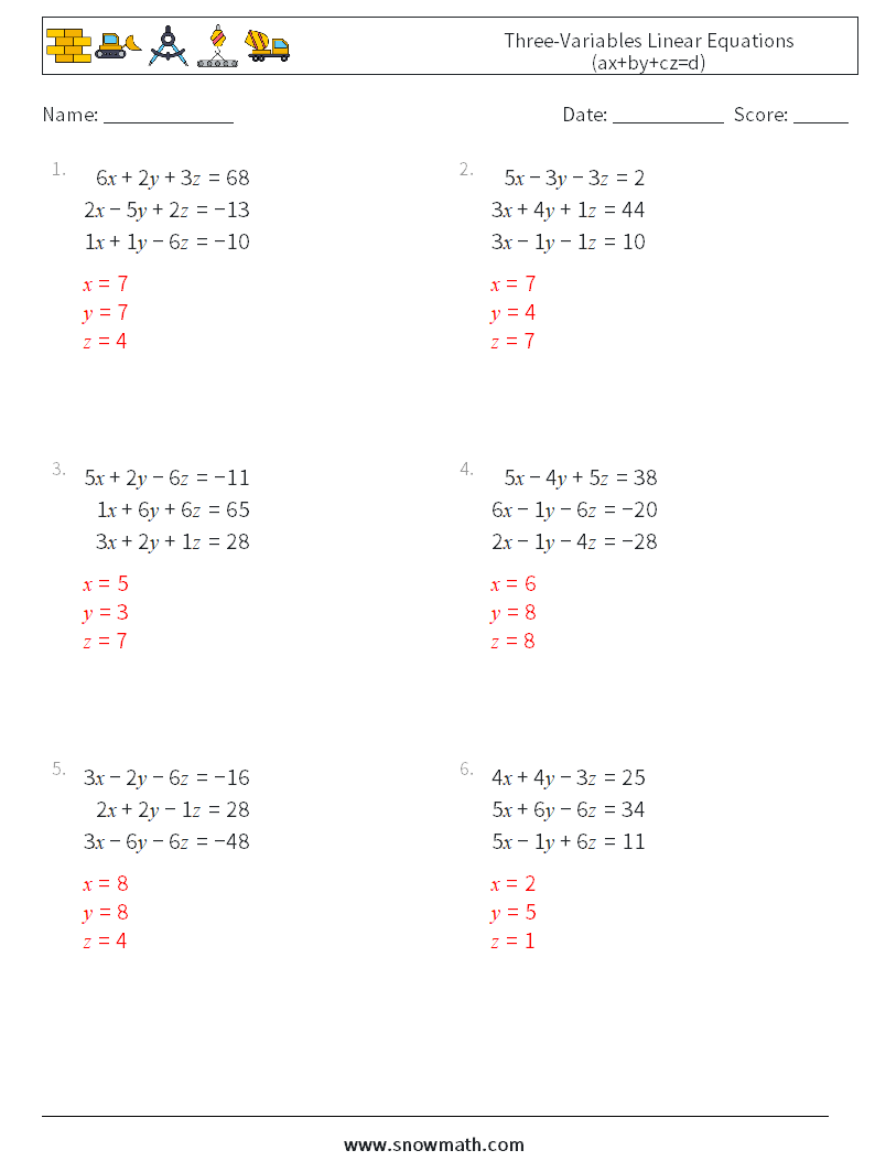 Three-Variables Linear Equations (ax+by+cz=d) Math Worksheets 7 Question, Answer